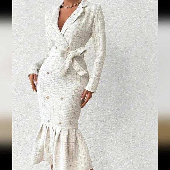 Women's Turn-Down Collar Long Sleeve Waistband Elegant Dress - Picture 5 of 7